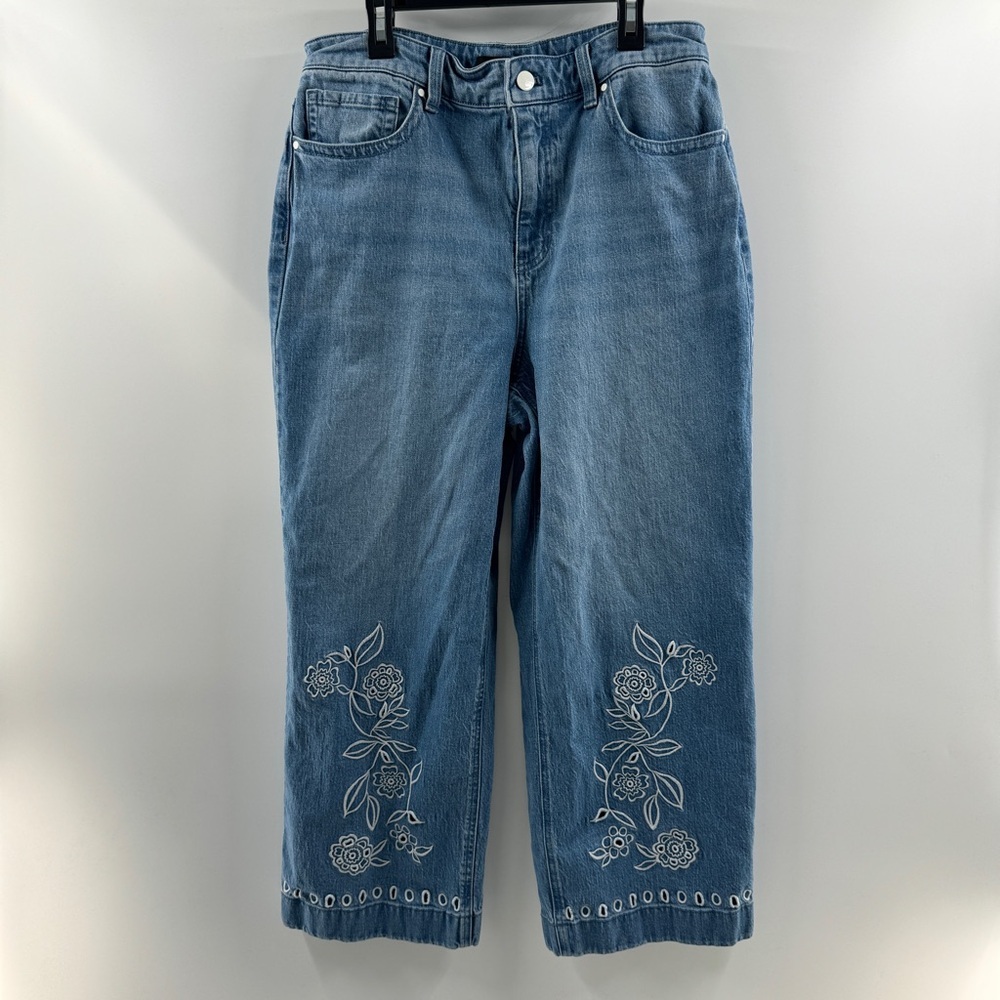 Talbots Wide Leg Crop Jeans | Embroidered Floral Eyelet | Medium Wash | Size 10 - Picture 2 of 9